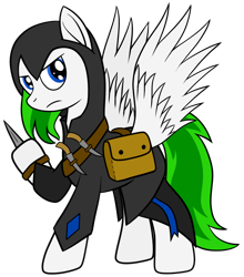 Size: 836x949 | Tagged: safe, artist:cloudy95, oc, oc:crystal cloud, pegasus, pony, assassin's creed, clothes, cosplay, costume, knife, saddle bag, solo