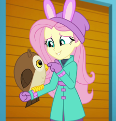 Size: 1035x1080 | Tagged: safe, screencap, fluttershy, bird, owl, equestria girls, equestria girls series, holidays unwrapped, spoiler:eqg series (season 2), chad (owl), clothes, coat, cropped, cute, fluttershy's winter hat, hat, mittens, self-storage facility, shyabetes, smiling, winter break-in, winter coat, winter hat, winter outfit