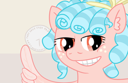 Size: 3500x2286 | Tagged: safe, alternate version, artist:poniidesu, cozy glow, pegasus, pony, /mlp/, blue mane, curly mane, hide the pain harold, orange eyes, ponified, smug, solo, thumbs up, wing hands, wings