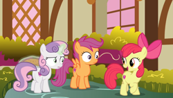 Size: 1600x900 | Tagged: safe, screencap, apple bloom, scootaloo, sweetie belle, the big mac question, bush, cutie mark crusaders, disbelief, food, levitation, magic, pie, telekinesis, window