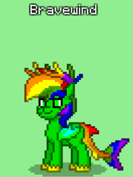 Size: 535x714 | Tagged: safe, artist:bravewind, oc, oc only, oc:bravewind, original species, pony, antlers, bat wings, donut steel, hidden cutie mark, multicolored hair, original character do not steal, pixel art, pixelated, pony town, rainbow antlers, rainbow hair, rainbow tail, shadow, shark tail, solo, title, turtwig feet, wings