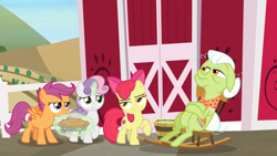 Size: 1600x900 | Tagged: safe, screencap, apple bloom, granny smith, scootaloo, sweetie belle, the big mac question, barn, bored, cutie mark crusaders, food, levitation, magic, pie, reference in the description, rocking chair, telekinesis, unamused