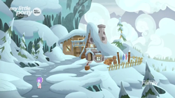 Size: 1600x900 | Tagged: safe, screencap, cozy glow, pegasus, pony, frenemies (episode), cabin, clothes, female, filly, foal, hat, house, mount everhoof, mountain, scenery, snow, tree, winter outfit