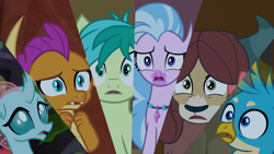 Size: 1280x720 | Tagged: safe, screencap, gallus, ocellus, sandbar, silverstream, smolder, yona, changedling, changeling, dragon, earth pony, griffon, hippogriff, pony, yak, uprooted, dragoness, female, male, split screen, student six