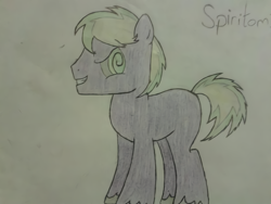 Size: 1200x900 | Tagged: safe, artist:lucas_gaxiola, oc, oc only, oc:spiritom, earth pony, pony, earth pony oc, grin, male, smiling, solo, stallion, swirly eyes, traditional art, unshorn fetlocks