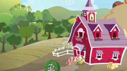 Size: 1600x900 | Tagged: safe, screencap, apple bloom, granny smith, scootaloo, sweetie belle, pony, the big mac question, barn, cutie mark crusaders, farm, fence, hay bale, hill, orchard, rocking chair