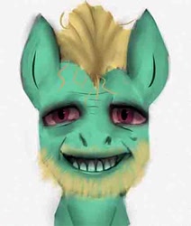 Size: 436x513 | Tagged: safe, artist:jellymaggot, zephyr breeze, pegasus, pony, /mlp/, 4chan, bust, coomer, creepy, creepy smile, cursed image, drawthread, facial hair, meme, ponified, red eyes, simple background, smiling, uncanny valley, white background, wojak