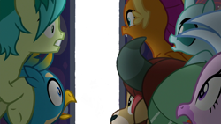 Size: 1280x720 | Tagged: safe, artist:triforce-treasure, edit, edited screencap, screencap, gallus, ocellus, sandbar, silverstream, smolder, yona, school raze, meme, meme template, student six, template