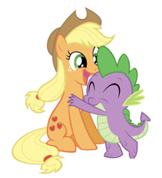 Size: 750x826 | Tagged: artist needed, safe, edit, editor:undeadponysoldier, applejack, spike, dragon, earth pony, pony, applespike, cute, female, freckles, happy, hat, hug, jackabetes, male, mare, shipping, simple background, spikabetes, straight, white background