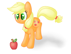 Size: 1600x1200 | Tagged: safe, artist:poofypegasus, derpibooru import, applejack, earth pony, pony, apple, cute, food, hatless, jackabetes, looking at something, missing accessory, simple background, solo, transparent background