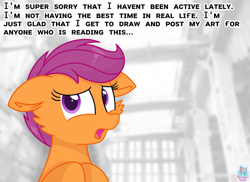 Size: 1920x1400 | Tagged: safe, artist:rainbow eevee, scootaloo, pegasus, pony, apology, cheek fluff, depressed, dialogue, female, filly, floppy ears, looking at you, open mouth, sad, solo, text