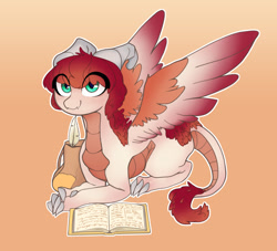 Size: 1280x1164 | Tagged: safe, artist:redruin01, oc, oc only, oc:eri rebecula, dragon, original species, book, claws, dracaven, feather, green eyes, horn, large wings, red hair, solo, tail, wings