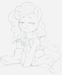 Size: 2484x3000 | Tagged: safe, artist:dimfann, pear butter, earth pony, pony, eyes closed, female, mare, monochrome, sitting, smiling, spray bottle, traditional art, underhoof