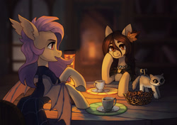 Size: 2019x1425 | Tagged: safe, artist:koviry, fluttershy, oc, oc:copper crystal, bat pony, earth pony, bat ponified, cat toy, clothes, cup, dress, flutterbat, food, lava lamp, open mouth, plate, race swap, sitting, table, tea, tea party, teacup