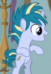 Size: 308x450 | Tagged: safe, screencap, skeedaddle, pony, unicorn, the last crusade, bipedal, colt, cropped, cute, male, solo