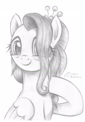 Size: 1920x2748 | Tagged: safe, artist:fladdrarblyg, fluttershy, pegasus, pony, the last problem, bust, female, folded wings, grayscale, hair over one eye, hoof on chest, looking at you, mare, monochrome, older, older fluttershy, pencil drawing, portrait, raised hoof, simple background, smiling, solo, three quarter view, traditional art, white background, wings