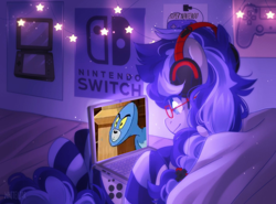 Size: 2048x1518 | Tagged: safe, artist:whiteliar, edit, oc, oc:cinnabyte, earth pony, pony, bed, bedroom, clothes, computer, headphones, nintendo switch, poster, socks, tom (tom and jerry), tom and jerry, watching