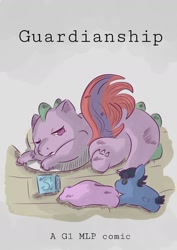 Size: 1000x1414 | Tagged: safe, artist:milkyguro, moondancer (g1), spike (g1), classical unicorn, dragon, unicorn, behaving like a cat, cover art, cute, leonine tail, lying down, plushie, spikabetes, text