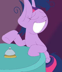 Size: 808x938 | Tagged: safe, artist:treble clefé, twilight sparkle, twilight sparkle (alicorn), alicorn, pony, a trivial pursuit, bell, cute, insanity, messy mane, smiling, solo, table, twilight snapple, wide smile