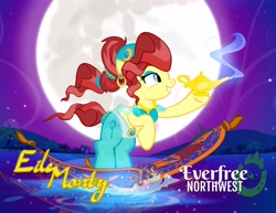 Size: 4096x3165 | Tagged: safe, artist:pixelkitties, oc, oc only, oc:eilemonty, pony, unicorn, a whole new world, aladdin, eilemonty, everfree northwest, female, jasmine, magic carpet, magic lamp, mare, moon, musician, night