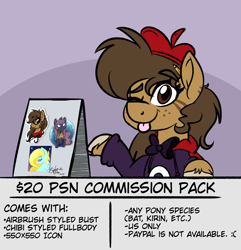 Size: 2700x2800 | Tagged: safe, artist:binkyt11, oc, oc only, oc:belladonna lamia, oc:saving grace, earth pony, hybrid, pegasus, pony, unicorn, zebra, zebroid, zony, advertisement, beret, bowtie, bust, chibi, clothes, commission, commission info, ear fluff, eye clipping through hair, facial markings, female, freckles, glasses, hat, hoodie, icon, looking up, mare, pencil, raised hoof, rayman, shiny, sign, simple background, solo, sunset, transparent background