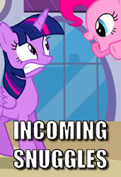 Size: 288x421 | Tagged: safe, derpibooru import, edit, edited screencap, screencap, pinkie pie, twilight sparkle, twilight sparkle (alicorn), alicorn, earth pony, pony, princess twilight sparkle (episode), caption, cropped, gritted teeth, image macro, pinkie being pinkie, pounce, text, this will end in snuggles