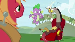 Size: 1920x1080 | Tagged: safe, screencap, big macintosh, discord, spike, dragon, pony, the big mac question, winged spike