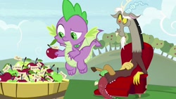 Size: 1920x1080 | Tagged: safe, screencap, discord, spike, dragon, the big mac question, apple, food, winged spike