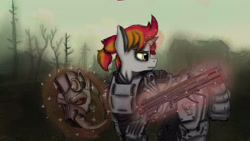 Size: 3840x2160 | Tagged: safe, artist:s.l.guinefort, oc, oc only, pony, unicorn, fallout equestria, armor, dead tree, fanfic, fanfic art, female, glowing horn, gun, helmet, hooves, horn, levitation, magic, mare, power armor, shotgun, steel ranger, telekinesis, tree, uts-15, weapon