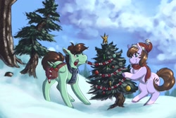 Size: 1920x1280 | Tagged: safe, artist:faline-art, oc, earth pony, pony, christmas, christmas tree, clothes, duo, hat, holiday, saddle bag, santa hat, scarf, snow, tree, winter