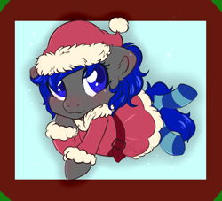 Size: 950x863 | Tagged: safe, artist:maywarrior, oc, oc:dream², christmas, clothes, costume, hat, holiday, ponytail, santa costume, santa hat, socks, solo, striped socks