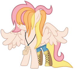 Size: 860x830 | Tagged: safe, artist:nocturnal-moonlight, artist:rukemon, oc, oc only, oc:joyful citrine, pegasus, pony, base used, boots, clothes, commission, feather, female, hair over eyes, jewelry, mare, multicolored hair, necklace, shoes, simple background, socks, solo, transparent background