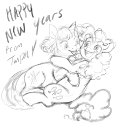 Size: 4000x4000 | Tagged: safe, artist:misstwipietwins, pinkie pie, twilight sparkle, earth pony, pony, unicorn, female, happy new year, holiday, lesbian, monochrome, shipping, sketch, twinkie