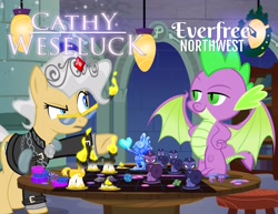 Size: 3300x2550 | Tagged: safe, artist:pixelkitties, mayor mare, spike, dragon, earth pony, pony, cathy weseluck, crystal, everfree northwest, large wings, winged spike, wings