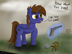 Size: 800x600 | Tagged: safe, artist:kalashnikitty, oc, oc:dauntless, oc:six-shooter, pegasus, pony, fallout equestria, .22lr, annoyed, female, gun, magic, offscreen character, scar, shell casing, text, weapon