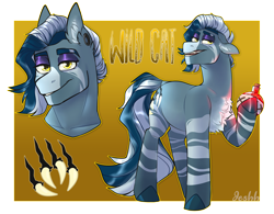 Size: 5000x3907 | Tagged: safe, artist:jeshh, oc, oc:wild cat, hybrid, pony, zebra, zebroid, zony, absurd resolution, bottle, interspecies offspring, magical lesbian spawn, offspring, parent:doctor fauna, parent:zecora, reference sheet, solo