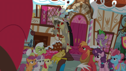 Size: 1600x900 | Tagged: safe, screencap, apple bloom, big macintosh, cup cake, discord, granny smith, scootaloo, spike, sugar belle, sweetie belle, dragon, the big mac question, apple monster, applesauce, cutie mark crusaders, disappointed, door, faucet, flower, garden, mess, messy, shadow, splatter, sugarcube corner, unamused, upset, winged spike