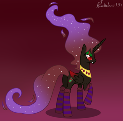 Size: 1233x1204 | Tagged: safe, artist:rainbow15s, oc, oc only, oc:shadow nebula, alicorn, pony, clothes, gradient background, socks, solo, striped socks