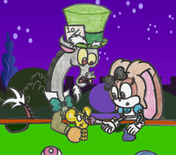 Size: 1700x1497 | Tagged: safe, artist:drquack64, discord, alice, alice in wonderland, cream the rabbit, crossover, diddy kong racing, donkey kong series, mad hatter, pipsy the mouse, sonic the hedgehog (series)