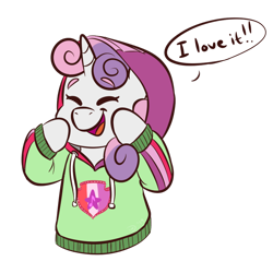 Size: 1280x1280 | Tagged: safe, artist:doodling-is-magic, sweetie belle, pony, unicorn, clothes, cute, dialogue, diasweetes, eyes closed, female, filly, happy, hoodie, open mouth, solo, speech bubble