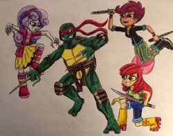 Size: 3487x2736 | Tagged: safe, artist:bozzerkazooers, apple bloom, scootaloo, sweetie belle, equestria girls, boots, clothes, cutie mark crusaders, dagger, jeans, pants, shoes, simple background, skirt, sword, teenage mutant ninja turtles, traditional art, weapon