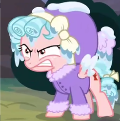 Size: 756x768 | Tagged: safe, screencap, cozy glow, pegasus, pony, frenemies (episode), angry, clothes, coat, cozy glow is not amused, cropped, female, filly, foal, hat, snow, soaked, solo, wet, winter outfit