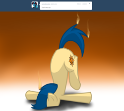 Size: 1280x1144 | Tagged: safe, artist:shadowkixx, oc, oc:sunray smiles, earth pony, pony, ask, ask sunray smiles, face down ass up, faceplant, fire, solo, tumblr