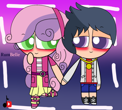 Size: 992x892 | Tagged: safe, artist:christinethestar, rumble, sweetie belle, human, art trade, female, humanized, male, powerpuffified, rumbelle, shipping, straight, the powerpuff girls