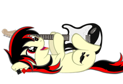 Size: 1024x695 | Tagged: safe, artist:russiankolz, oc, oc:raven fear, pony, cute, electric guitar, guitar, happy, lying down, musical instrument, shining eyes, simple background, solo, starry eyes, transparent background, wingding eyes