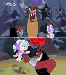 Size: 1364x1540 | Tagged: safe, edit, edited screencap, screencap, cozy glow, lord tirek, centaur, ophiotaurus, pegasus, pony, frenemies (episode), angry, bracer, clothes, comic, cozy glow is not amused, dialogue, female, filly, foal, forest, hat, male, monster, pointing, screencap comic, speech bubble, upset, winter outfit, yelling