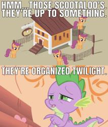 Size: 641x752 | Tagged: artist needed, safe, edit, edited screencap, editor:undeadponysoldier, screencap, scootaloo, spike, dragon, pegasus, pony, owl's well that ends well, caption, chicken coop, chicken run, dead meme, female, filly, golden oaks library, grocers' apostrophe, image macro, implied twilight sparkle, male, meme, organized, reference, scootachicken, text