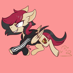 Size: 768x768 | Tagged: safe, oc, oc:porsche speedwings, pegasus, pony, >:), adidas, artist in description, cel shading, clothes, dust, ear fluff, fast, folded wings, galloping, hoodie, long sleeves, looking away, male, running, shading, simple background, smiling, smirk, solo, stallion, tan coat, tracksuit, visible cutie mark, wings