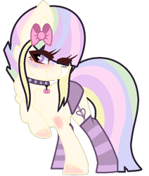 Size: 711x840 | Tagged: safe, artist:owl-clockwork, artist:rukemon, oc, oc only, oc:pastel love, earth pony, pony, base used, chest fluff, clothes, collar, commission, eyeshadow, female, makeup, mare, multicolored hair, one eye closed, panties, purple underwear, simple background, socks, solo, striped socks, transparent background, underwear, unshorn fetlocks, wink