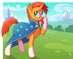 Size: 2615x2127 | Tagged: safe, artist:spritedude, sunburst, pony, unicorn, clothes, facial hair, glasses, goatee, high res, hoof on face, male, raised leg, robe, smiling, solo, stallion